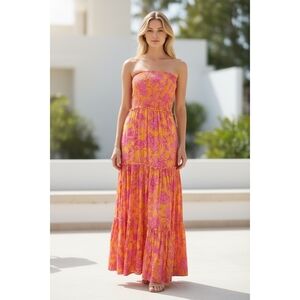 Elegant Strapless Floral Dress - Pink and Orange